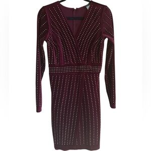 Venus Burgundy velvet Studded long sleeve v neck form fitting Dress medium